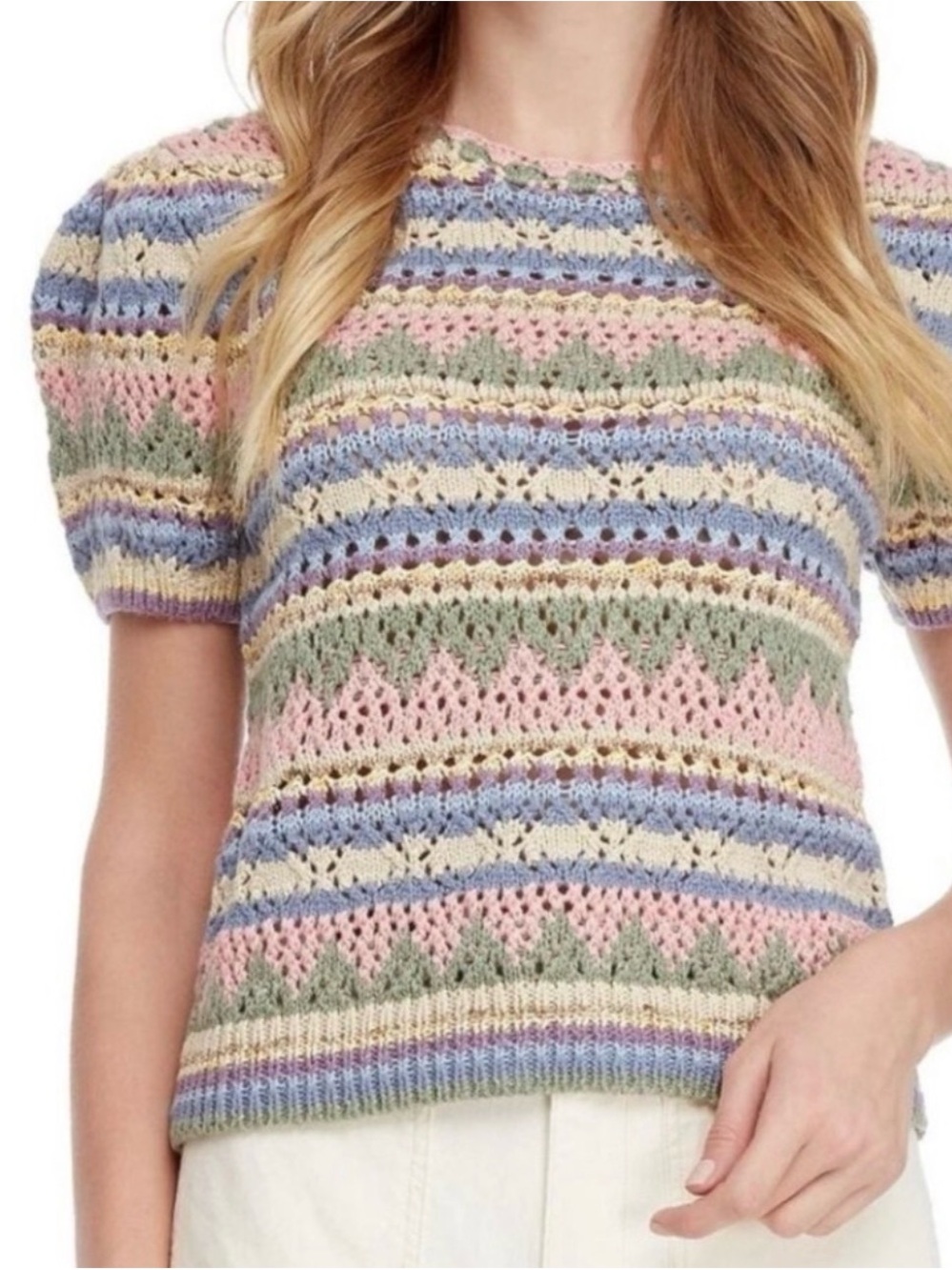 Polo by Ralph Lauren Pastel Striped Open-Knit Short Sleeve Sweater